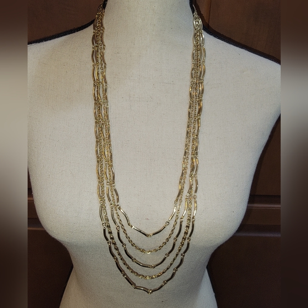 Vintage Paradise Gold Tone Multi Strand Layered Chain Necklace 28”